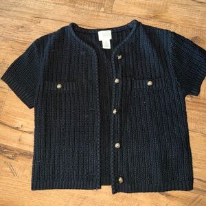 Black Short-Sleeve Button-Front Knit Cardigan